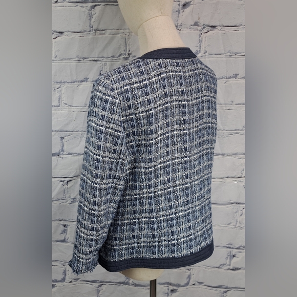 Robert Talbott Petite Women's Tweed Jacket Chambray Trim Blazer Navy Size 12P - Picture 11 of 16
